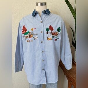 Vintage Fall Farm‎ Scene Embroidered Shirt Blue Pinstripe Cotton medium